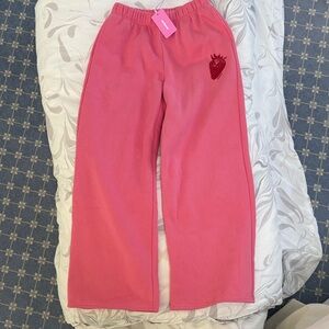 Edikted Wide Leg Pants in Pink with Strawberry Patch